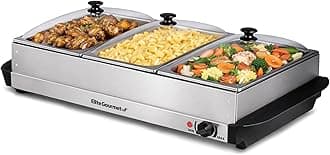 Elite Gourmet EWM-6171 Triple 3 x 2.5 Qt. Trays, Buffet Server, Food Warmer Temperature Control, Clear Slotted Lids, Perfect for Parties, Entertaining & Holidays, 7.5 Qt Total, Stainless Steel