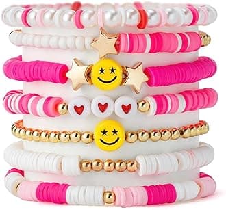 7Pcs Combo Latest Stylish Beach Surfer Bracelets Set | Colorful Preppy Heishi Bracelet | Multilayer Boho Happy Smile Heart Star Stretch Beaded Bracelets | Evil Eye Stackable