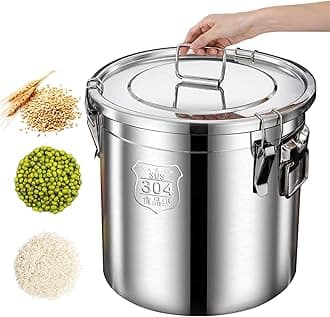 Stainless Steel Cereal Container with Lid and Handles Round Rice Bin Airtight Food Storage Bucket for Home Kitchen Counter 6L