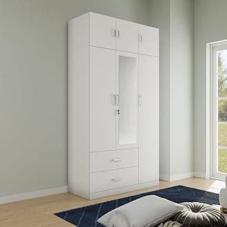 VIKI Wardrobe | Wooden Almirah for Clothes,Door for Bedroom, 3 Door Loft Wardrobe with Drawer, Mirror & Hanging Space (Frosty White - 40D x 120W x 220H) | 1 Year Warranty | Free Assembly