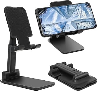 Cell Phone Stand, Folding Desktop Phone Stand, Angle Height Adjustable Mobile Phone Holder for Desk, Office, Tablet Stand Compatible with All Phones 4-10 Inches Cell Phone/Tablet (Black)