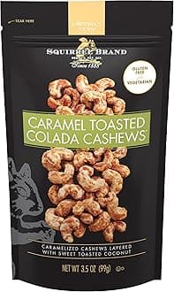 SQUIRREL BRAND Caramel Toasted Colada Cashews 3.5 oz Resealable Bag with sweet toasted coconut, natural flavors
