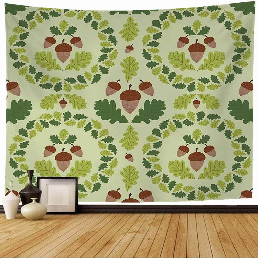 Starocha Tapestry Green Forest Border Print Packaging Template Or Pattern Line Ecology Beauty Acorns Nature Textures Wall Tapestry Beach Tapestry for Bedroom Decor 60x60 Inch