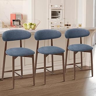 COLAMY Upholstered Counter Height Mid-Century Modern Bar Stools Set of 3, Kitchen Island Stools with Contoured Cushion, Blue