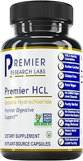 Premier Research Labs Premier HCL - Betaine HCL, Betaine Hydrochloride Supplement for Optimal Digestive Function, Nutrient Absorption, Betaine-HCL for Low Stomach Acid- 90 Vegetarian Capsules