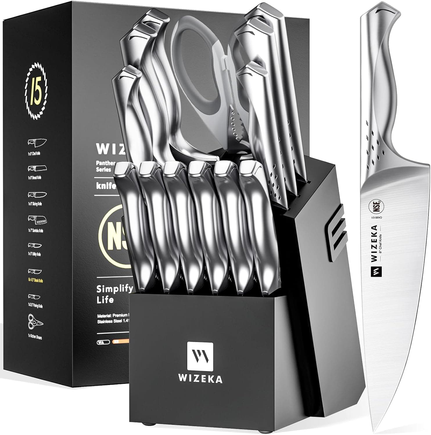 WIZEKA Kitchen Knife Set with Block: Razor Sharp 15 Pcs Professional Chef Knife Set with Knife Sharpener, Food Grade German Stainless Steel Knife Block Set, Jaguar Series
