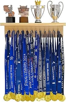 Medal Hanger Trophy Shelf Display Sport Awards. Sturdy Medal Holders for Gymnastics Basketball Soccer Honors Wall Mount Rack, Perfect All-in-1 Wood Shelf by 25 Pcs Steel Hooks.