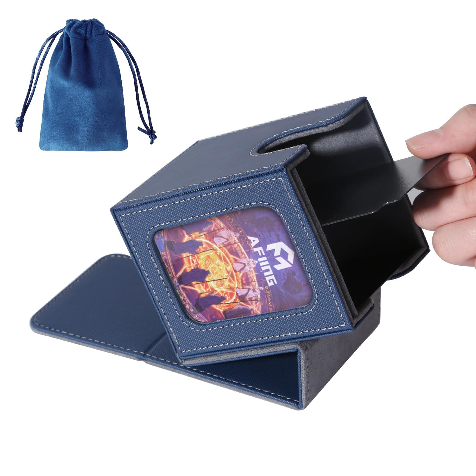 AFIING MTG Deck Box for Commander Display,Card Deck Box Fits 100 Double Sleeved Cards, Magic Commander TCG Card Storage with 2 Dividers,Dice Bag and 1 Toploader(Blue/Grey)