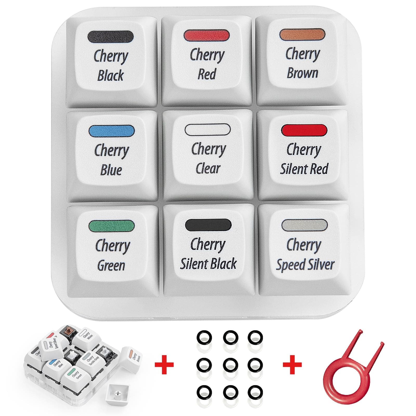 Cherry MX Key Switch Tester Mechanical Keyboard Sampler Switch Testing Tool Kit, with Puller and O Rings (9-Key Printed PBT Keycap)
