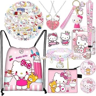 12Pcs Kawaii Sanrio Stuff Kitty School Supplies Set, Hello Kitty Sanrio Stationery Set with Drawstring Bag Coin Wallet Bracelet Keychain Necklaces Button Pins Stickers Lanyard for Kids Adults
