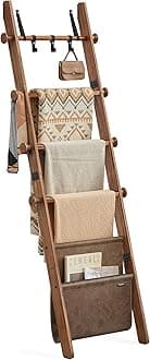 VASAGLE Blanket Ladder for Living Room, 5-Tier Wooden Ladder Shelf, Decorative Farmhouse Blanket Rack with Synthetic Leather Bag, Metal Hooks, Side Hooks, for Bedroom, Caramel Brown ULLS022K01
