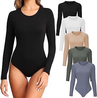 TVKSOM 4/5 Pack Long Sleeve Bodysuit for Women Round Neck Soft Breathable Casual Basic Stretchy Body Suits Tops