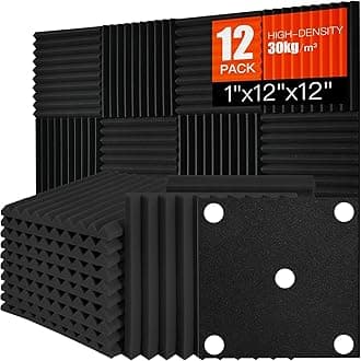Acoustic Foam Panels Sound Absorbing 12 Pack - 1" X 12"X 12" Sound Proof Panels Noise Reducing for Walls, High Density Sound Deadening Panels Black Wedge for Studio Recording & Office & Home