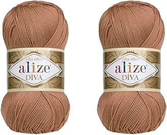 Alize Diva Yarn Hand Knitting Yarn 100% Microfiber Acrylic Yarn Alize Diva Silk Effect Thread Crochet Art Lace Craft Lot of 2 skeins 200gr 767 yds (261-Red Brown)