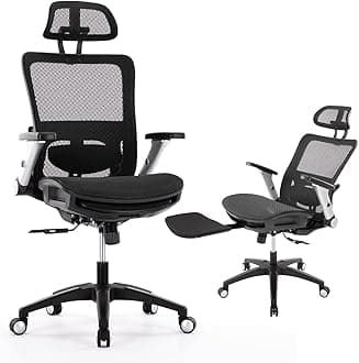 COLAMY Ergonomic Mesh Office Chair with Footrest, High Back Computer Chair with Lumbar Support, 4D Flip-up Armrests, Adjustable Headrest, Tilt Lock, Desk Chair for Home Office, Black