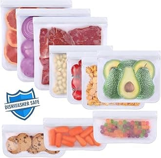 Lerine 10 Pack Dishwasher Safe Reusable Bags, Leakproof Reusable Freezer Bags, BPA Free Food Storage Bags for Lunch Marinate Food Travel(White) - 3 Gallon 4 Sandwich 3 Snack Bags