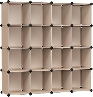 SONGMICS Cube Storage Organizer, Set of 16 Plastic Cubes, Book Shelf, Closet Organizers and Storage, Room Organization, Bedroom Living Room, 12.2 x 48.4 x 48.4 Inches, Camel Brown ULPC442K01