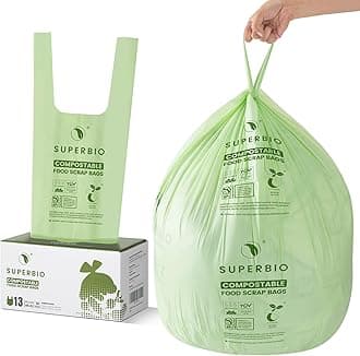 SUPERBIO 13 Gallon Compostable Kitchen Waste Bags with Handles, Food Scrap Bags Certified by BPI, OK compost INDUSTRIAL, 30 Count, 49.2L