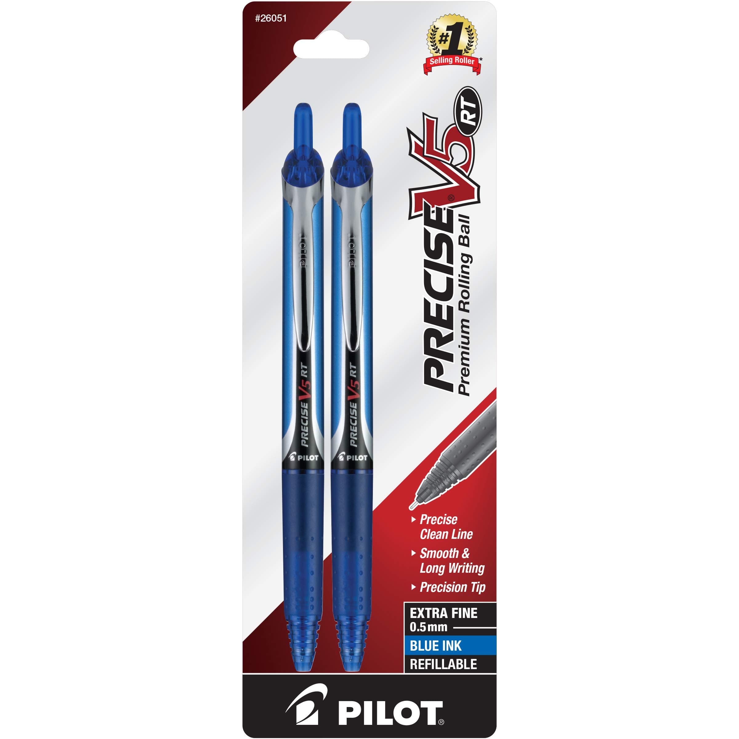 Pilot Precise V5 RT Refillable & Retractable Rollerball Pens, Extra Fine Point Pens 0.5 mm, Blue, Pack of 2 - Ideal for School, Journaling & Office Writing