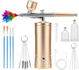 Airbrush Kit Air Brush Kit With Air Compressor Nail Charms Wireless Air Brush for Barber, Nail Art, Cake Decor, Makeup, Model Painting (Golden)