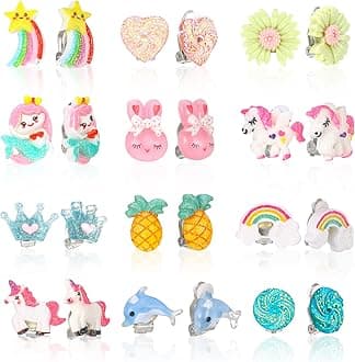 picidae 12 Pairs Clip On Earrings for Little Girls, Clip On Earrings for Kids, Clip On Earrings for Kids, Rainbow Clip On Earrings for Children, Clip On Earrings for Kids, Normal, Rubber Resin, No