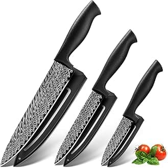 Kitchen Knife Set with Cover 3 Pcs, Black Chef Knife Set for Cooking, Sharp Kitchen Knives with Sheath, 8'' Chef Knife, 5'' Utility, 3.5'' Paring, Damascus Pattern Kitchen Knife for Cutting