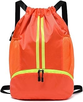 Drawstring Gym Bag for Men, Waterproof Drawstring Backpack for Women, Swim with Shoes Compartment, Pull String Sport Bag for Soccer and Basketball. (Orange)