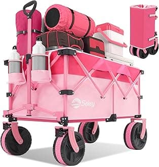 220L Wagons Carts Foldable with Big All-Terrian Beach Wheels, Collapsible Heavy DutyWagon with Cup Holders, Extra Large Folding Wagon,Foldable Wagon for Camping, Garden, Sports.Pink