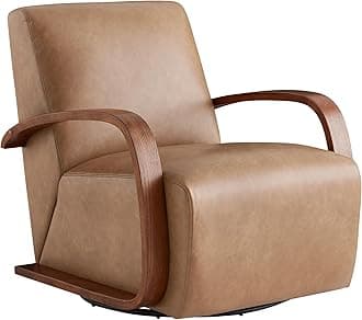 CHITA Swivel Accent Chair, Modern Arm Chair for Living Room, Cognac Brown in Faux Leather with Walnut Wood Arm