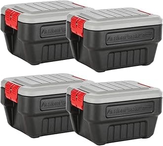 Rubbermaid® ActionPacker® 8 Gal Lockable Storage Box Pack of 4, Outdoor, Industrial, Rugged, Grey and Black