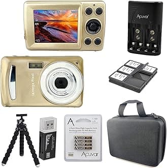 Acuvar16 MegaPixel Entry Camera Vlogging Kit with Flexible Tripod, SD Card Reader, 4 AAA Batteries & Charger, 6 Slot SD Card Holder, Lens Cleaning Kit and Hard Shell Case (Gold)