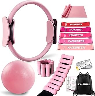 KANGFITER Pilates Equipment Kit for Home Workout, Pilates Ring and Ball Set with Adjustable Ankle Wrist Weights, Resistance Bands, Tape Measure, Bag, Pilates Essentials Accessories for Women Yoga