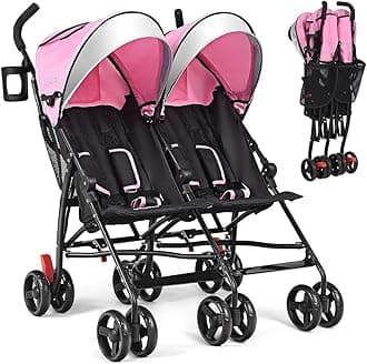 Double Umbrella Stroller, Lightweight Travel Side by Side Twin Stroller with Large Storage, Cup Holder, 5-Point Safety Harness, Adjustable Canopy & Compact Fold for Infant and Toddler (Pink)