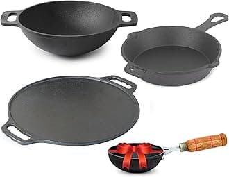 Pre-Seasoned Cast Iron Cookware Set+ Free Tadka Pan|Tawa (30.5 Cm)+ Kadai (25.4 Cm/2.3L)+ Fry Pan (23 Cm/1.4L)|Kitchen Cooking Combo Pots & Pans Set Of 4Pcs|Naturally Nonstick - Black