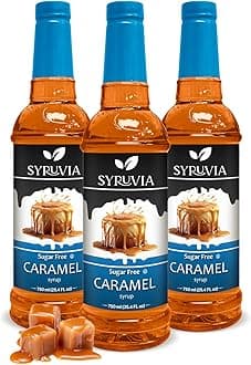 - SYRUVIA Syruvia Sugar-Free Caramel Coffee Syrup – 25.4 fl oz - Syrup for Coffee, Lattes, Shakes, Smoothies, Desserts – 100% Vegan, Gluten Free, Kosher, No-Calorie Coffee Syrup, (Pack of 3)