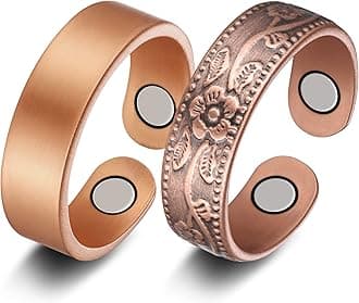 2PCS Copper Rings for Women Men,Magnetic Therapy Copper Ring, Adjustable Jewelry Gift with Box (Vintage Flower|Uncoated Sleek)
