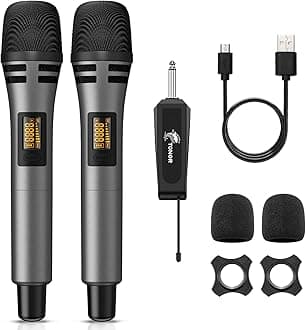 - Wireless Microphones, Dual UHF Karaoke Microphone System, Microfonos Inalambricos with Rechargeable Receiver, Cordless Dynamic Mics Set for Singing, Wedding, Party, 60 m/200ft TW320, 2 Mics Grey