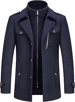 Mens Wool Coats Short Winter Padded Trench Coat for Casual Business Outwear Thick Wool Blend Peacoat with Removable Inner Collar