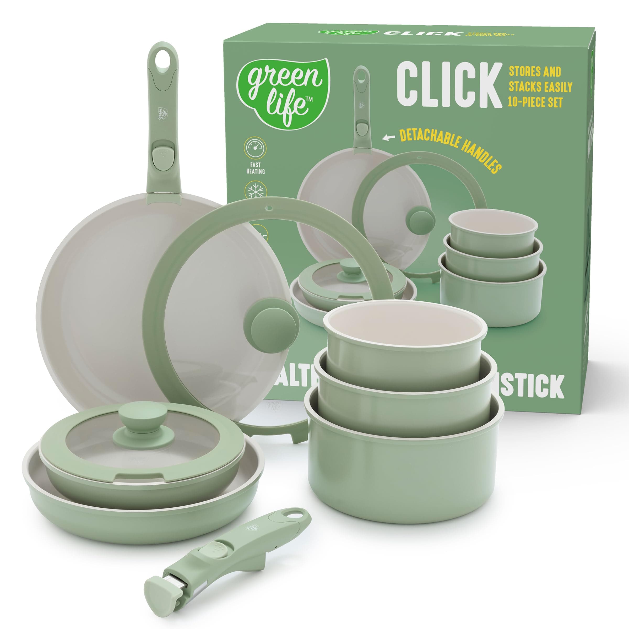 Click 10-Piece Ceramic Nonstick Cookware Set, Detachable Handle, Stackable Space Saving Kitchen Essential, Non Toxic PFAS-Free Pots & Pans, Induction & Oven Safe, Glass Lid, Sage Green