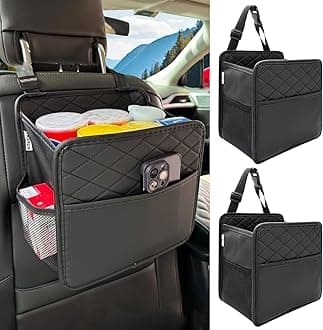 2 Pack Upgraded Car Seat Organizer Backseat with Storage Pockets, Multipurpose Car Organizer Hanging Car Trash Bag Premium PU Leather Garbage Can 2.14 Gallon Large Capacity Accessories Black