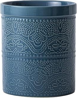 FE FUN ELEMENTS Kitchen Utensil Holder, 7.2" Super Large Utensil Crock Heavy and Stable Lace Emboss Ceramic Utensil Holder for Kitchen Counter (Grayish Blue)