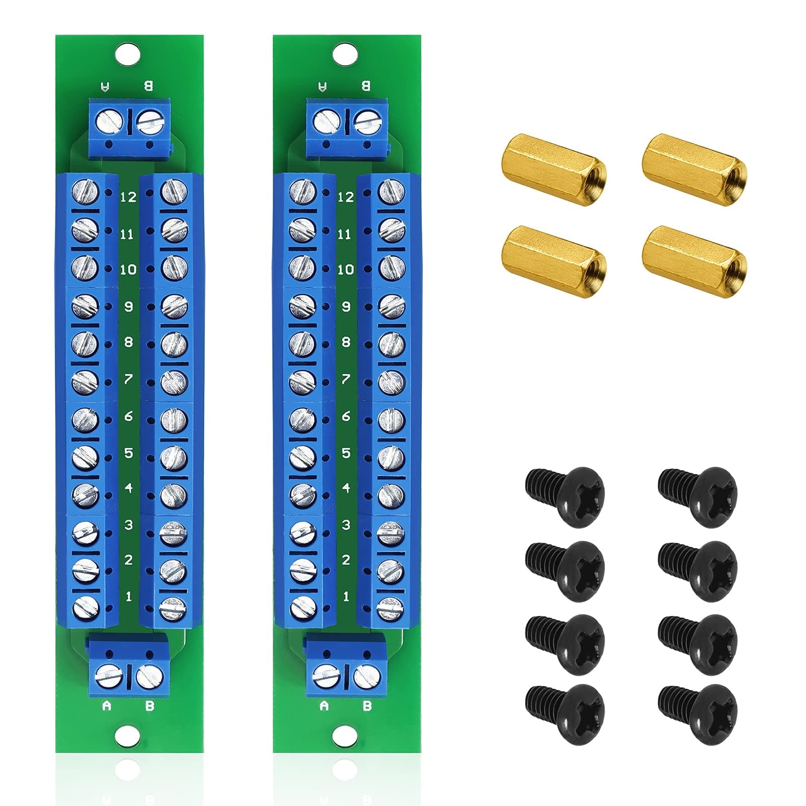 PCB Double-Layer Wiring Power Distribution Board Kit, 2 x 12 Position Power Distribution Module + 4 x 10mm M3 Brass + 8 x M3 Screw Nuts, 2 Inputs 2 x 13 Outputs for DC AC 24V 10A