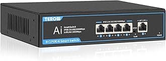 PoE Switch Gigabit 5 Ports，TEROW 4-Port PoE Switches Gigabit with 1 Port 1000Mbps Uplink, 65W,802.3af/at Compliant | Vlan, Metal fanless Design,Plug & Play | Shielded Ports | Home/Office Ethernet