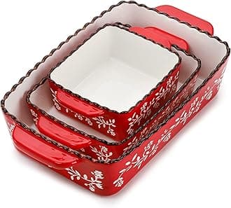 3 Pack Ceramic Bakeware Set, Porcelain Rectangular Baking Dish Lasagna Pans for Cooking, Kitchen, Casserole Dishes, Cake Dinner, 12 x 8.5 x 6 Inches of Baking Pans, Banquet and Daily Use, Red