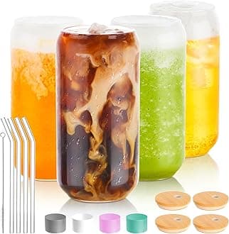 Drinking Glass Set of 4, 16oz Can Shaped Glasses Cups, Iced Coffee Glasses, Beer Tumbler, for Whiskey, Soda, Tea, Juice, Gift, with Lid, Straw