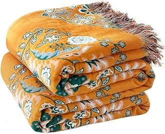Boho Throw Blanket for Bed 100% Cotton Soft Lightweight Quilt Floral Embroidery Home Decor Spring Breathable Bed Blanket,60"x80" All Season Reversible Twin Yellow Blankets for Sofa Couch Chair