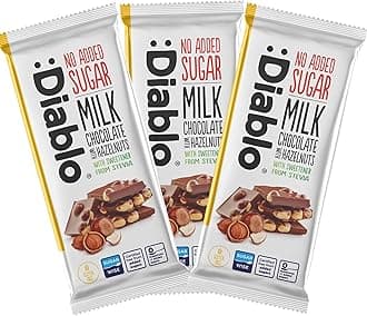 Diablo No Added Sugar Milk Chocolate with Hazelnuts – No Added Sugar Chocolate Bar, Sweetened with Stevia, Gluten Free, Ideal for Any Occasion, Birthdays, Valentines, or Gift Hampers, 75g (Pack of 3)
