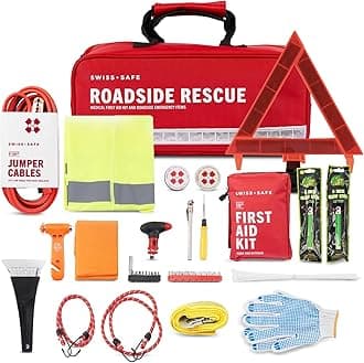 Swiss Safe Automotive Emergency Car Kit with Road Trip Must Haves including 200 Pc Car First Aid Kit, Jumper Cables, Tow Rope, and More.
