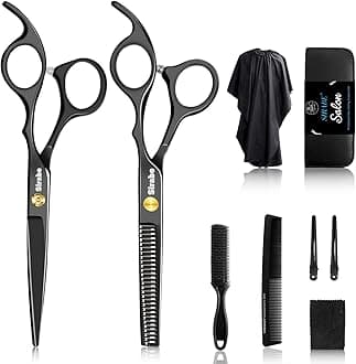 10 Pcs Hair Cutting Scissors Set, Professional Haircut Scissors Kit with Cutting Scissors,Thinning Scissors, Comb,Cape, Clips, Black Hairdressing Shears Set for Barber, Salon, Home
