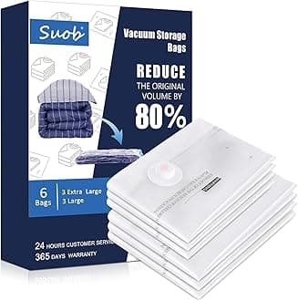 Suob 6 Pack Vacuum Storage Bags, 100 x 75cm + 80 x 60 cm Double Zip Seal Reusable for Bedding, Double Duvet, Pillows, Mattress, Quilt, Clothes, Sweaters, Dress, Coats, Curtains, Blankets